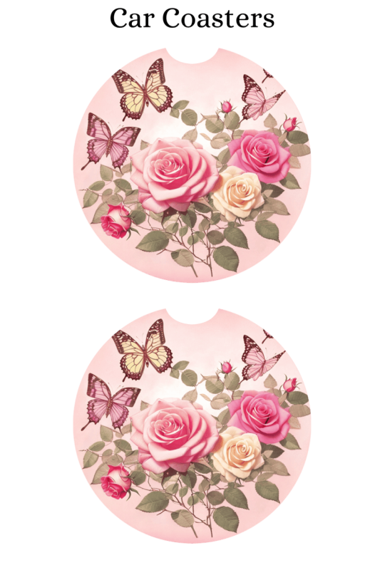 Butterflies Pink Roses - Car Coaster