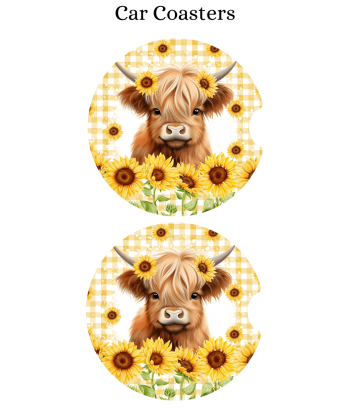 Sunflower Highland Cow - Car Coaster