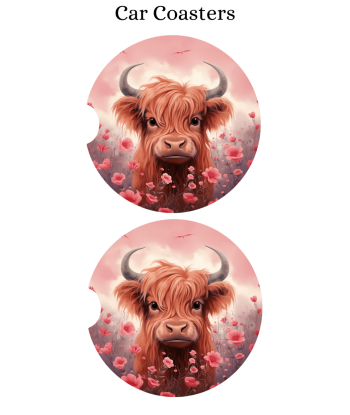 Pink Highland Cow - Car Coaster