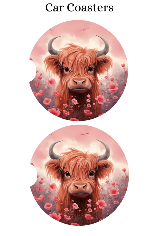 Pink Highland Cow - Car Coaster