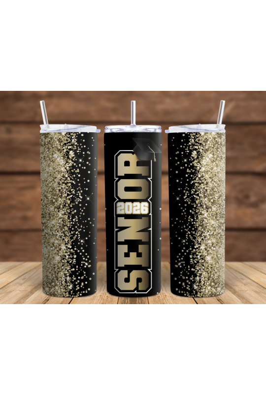 Senior Blk Gold Glitter - Skinny Tumbler
