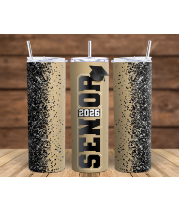 Senior Gold Blk Glitter - Skinny Tumbler