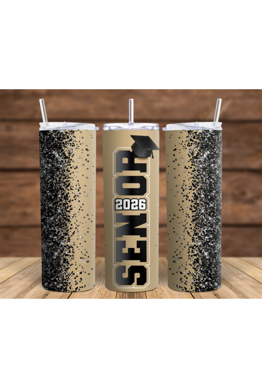 Senior Gold Blk Glitter - Skinny Tumbler