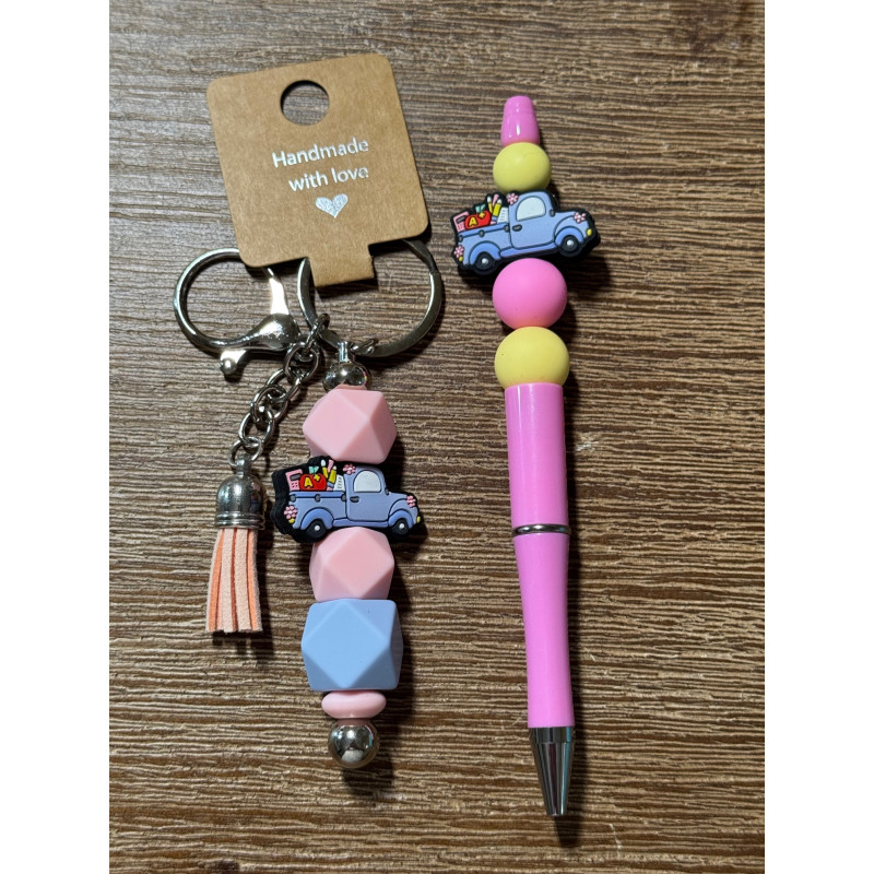 School Supplies Pickup Truck Pink - Beaded Keychain