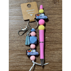 School Supplies Pickup Truck Purple - Beaded Keychain