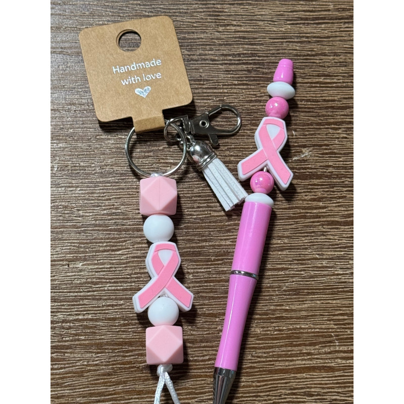 Breast Cancer Ribbon - Beaded Keychain