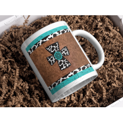 Turquoise Cowprint Cross Western - Coffee Mug